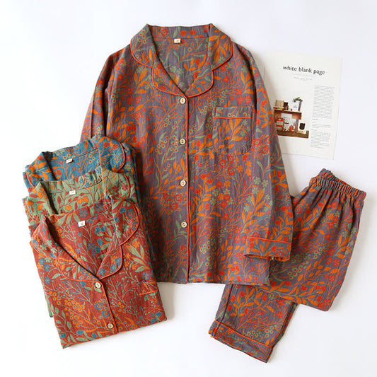 LeafElegance Cotton Lapel Loungewear Set – Soft, Classic Comfort