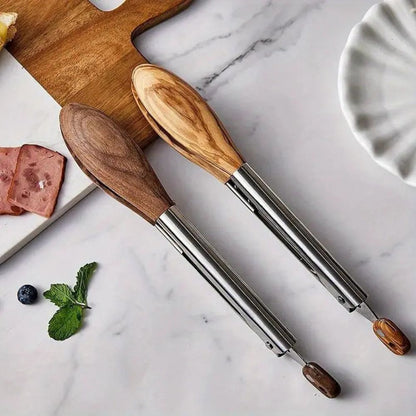 HeritageCraft Dual Wood & Steel Kitchen Tongs – Set of 2