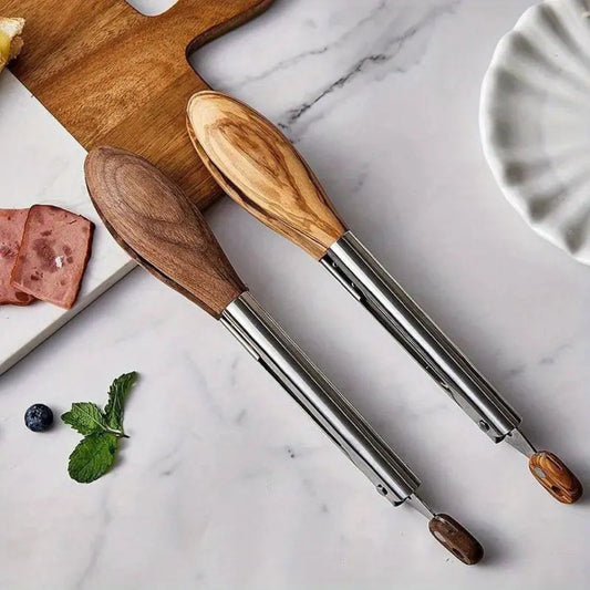 HeritageCraft Dual Wood & Steel Kitchen Tongs – Set of 2