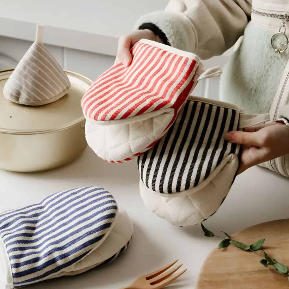 FlameGuard Striped Heat-Resistant Kitchen Mitts for Safe Cooking