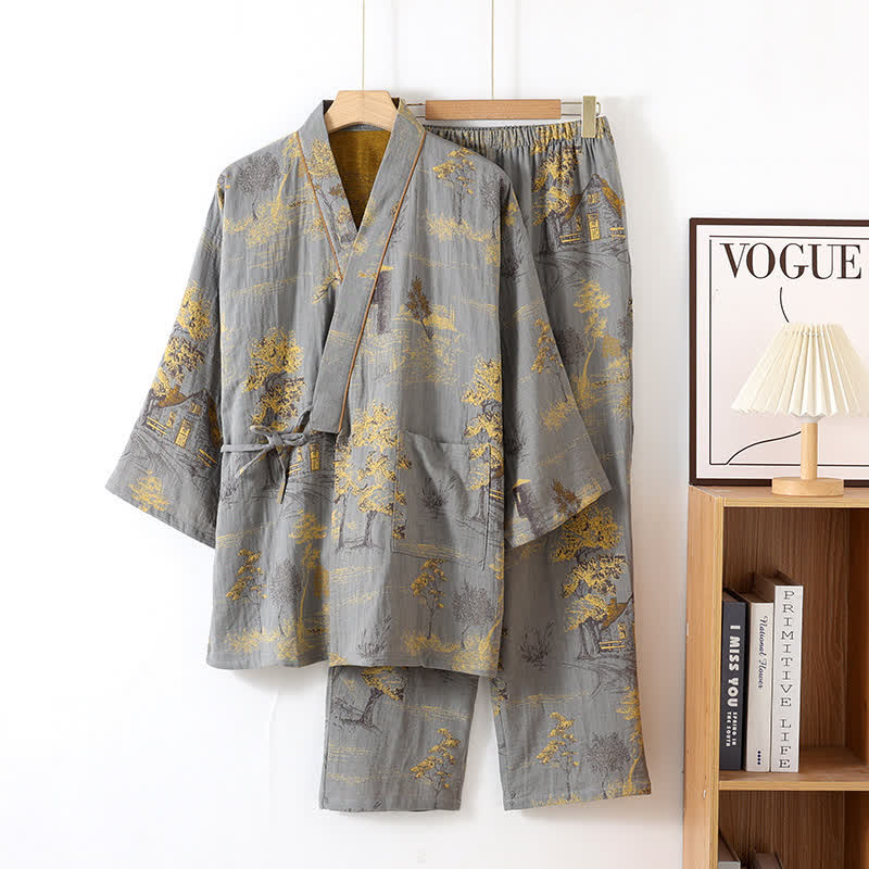 SereniCotton Kimono Pajama Set – Soft, Breathable Comfort with Scenic Elegance