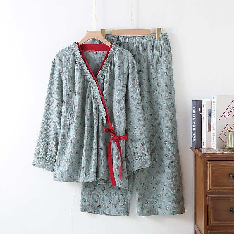 RoseMeadow Cotton Gauze Kimono Pajama Set – Soft, Elegant Comfort