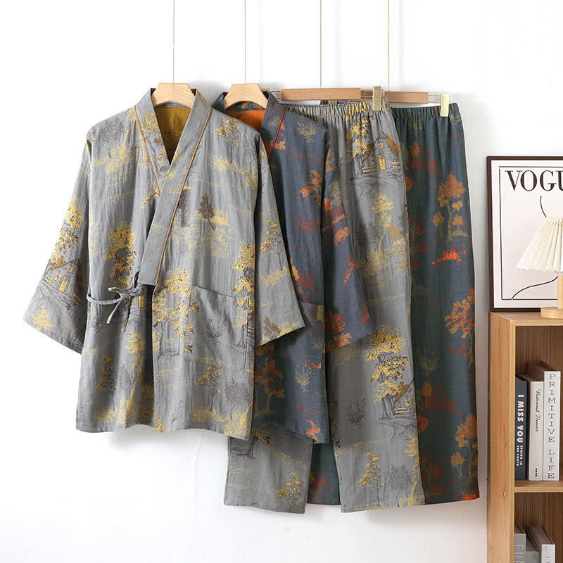 SereniCotton Kimono Pajama Set – Soft, Breathable Comfort with Scenic Elegance