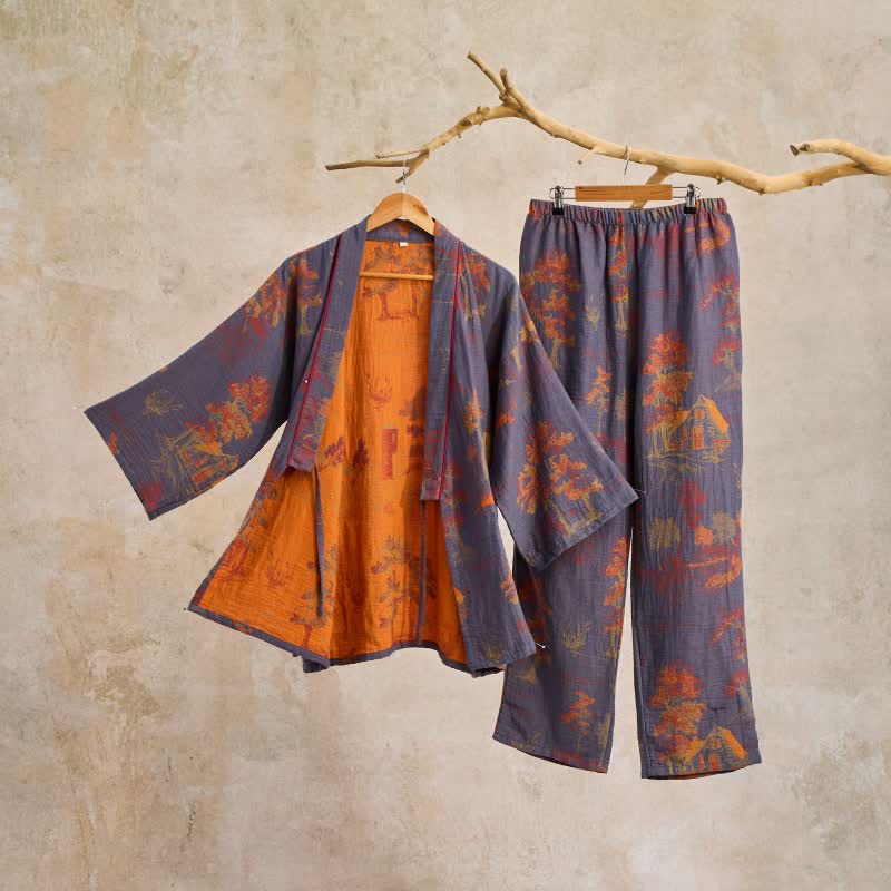 SereniCotton Kimono Pajama Set – Soft, Breathable Comfort with Scenic Elegance