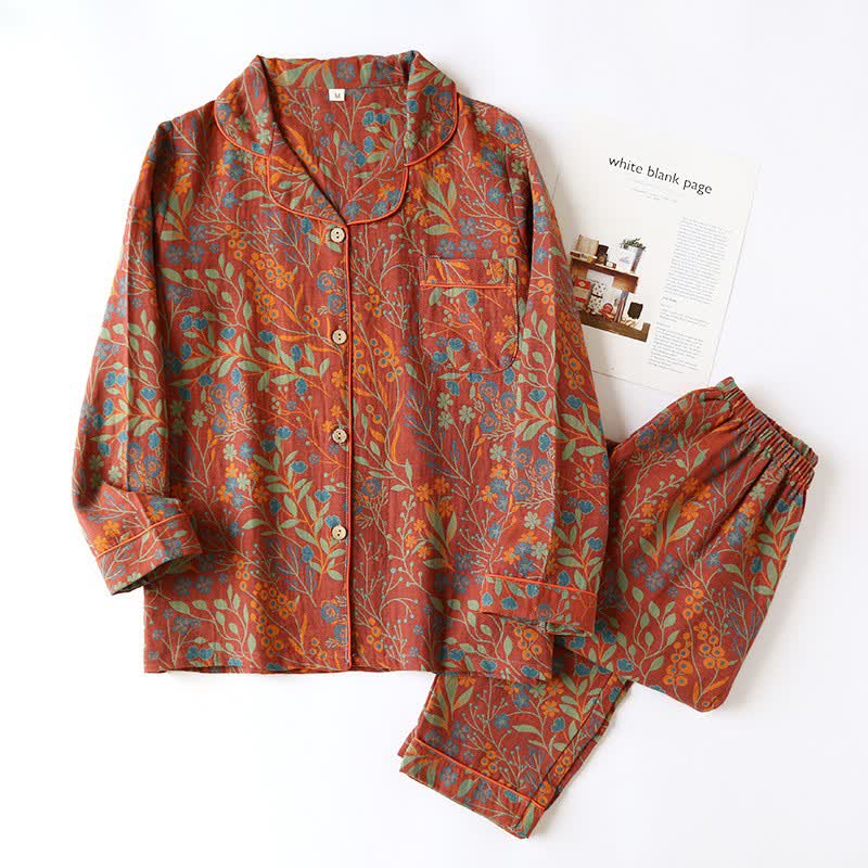 LeafElegance Cotton Lapel Loungewear Set – Soft, Classic Comfort