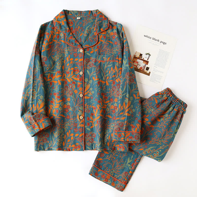 LeafElegance Cotton Lapel Loungewear Set – Soft, Classic Comfort