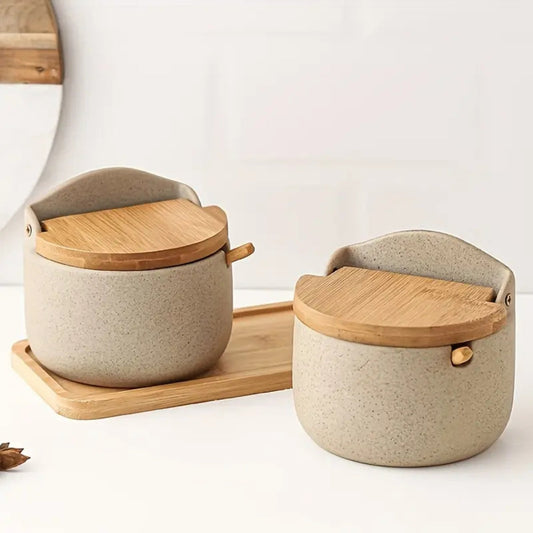 Bamboo Elegance Ceramic Spice Jar Set – 2-Piece Kitchen Organizer