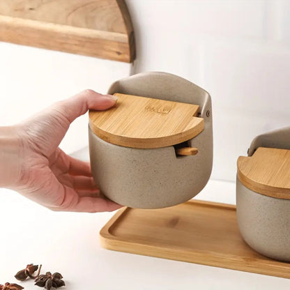 Bamboo Elegance Ceramic Spice Jar Set – 2-Piece Kitchen Organizer
