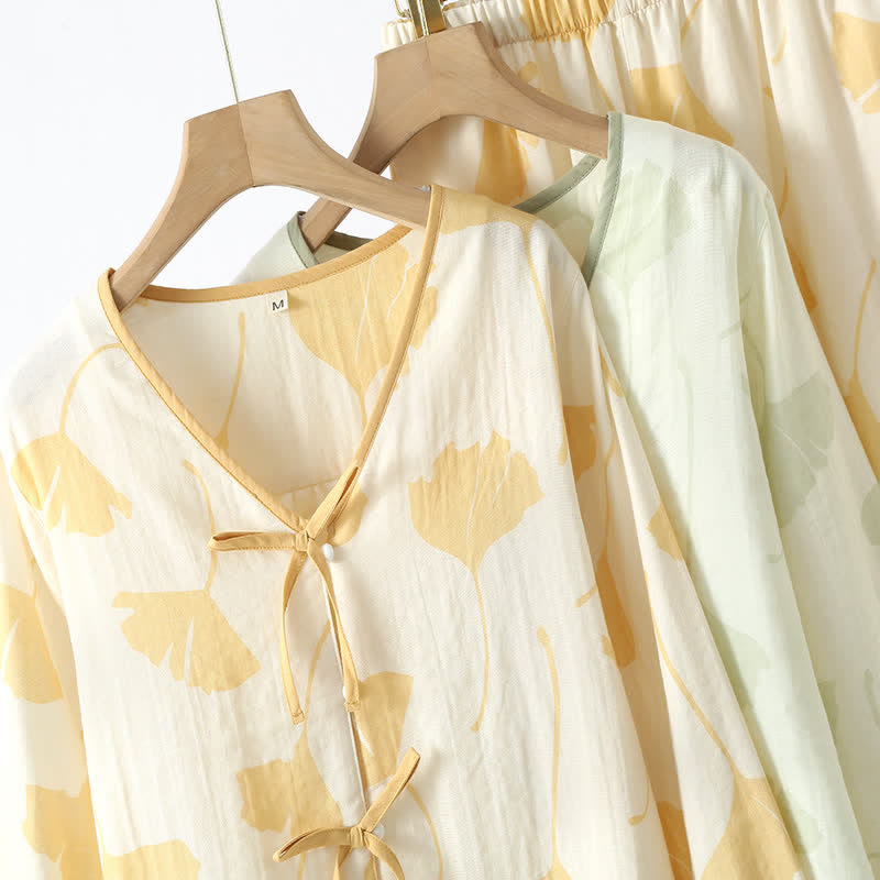 GinkgoCharm Cotton Loungewear Set – Soft, Elegant Indoor Comfort