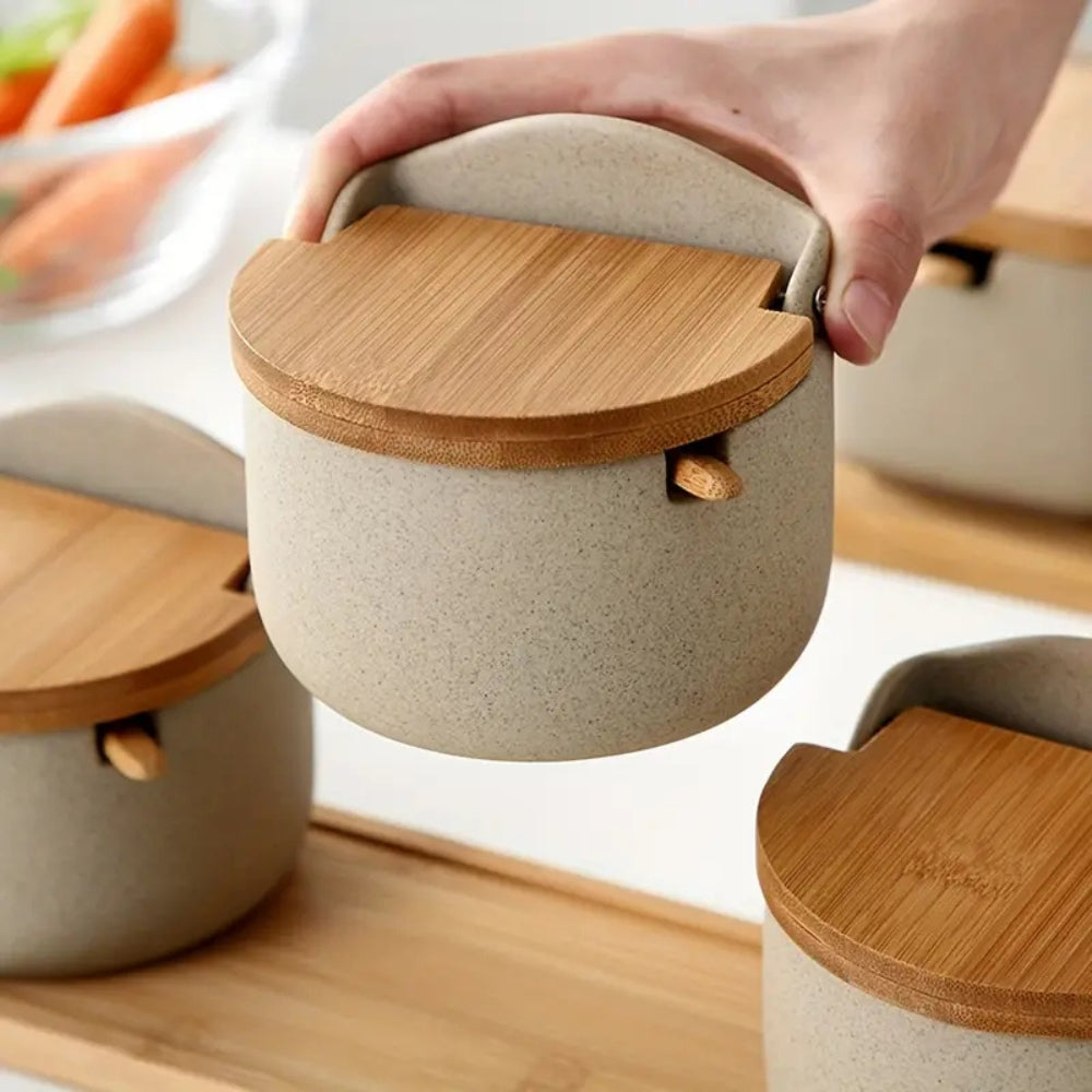 Bamboo Elegance Ceramic Spice Jar Set – 2-Piece Kitchen Organizer