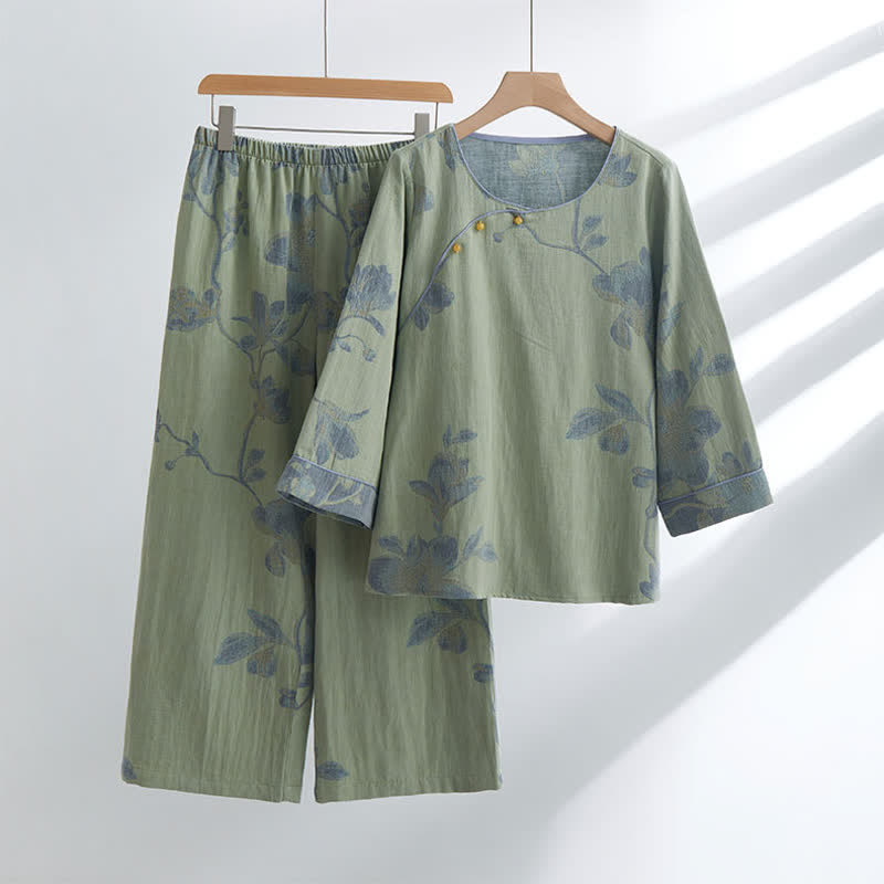 FloraEase Round-Neck Cotton Loungewear Set – Soft, Elegant Indoor Comfort