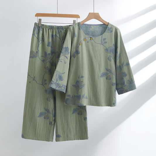 FloraEase Round-Neck Cotton Loungewear Set – Soft, Elegant Indoor Comfort