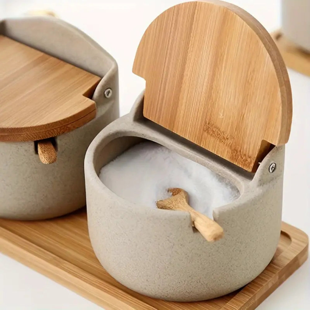 Bamboo Elegance Ceramic Spice Jar Set – 2-Piece Kitchen Organizer
