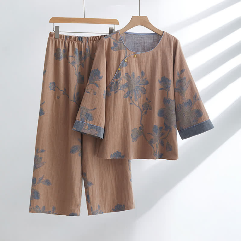 FloraEase Round-Neck Cotton Loungewear Set – Soft, Elegant Indoor Comfort