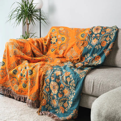 BohoBloom Reversible Cotton Throw Blanket – Chic Vintage Style for Any Space