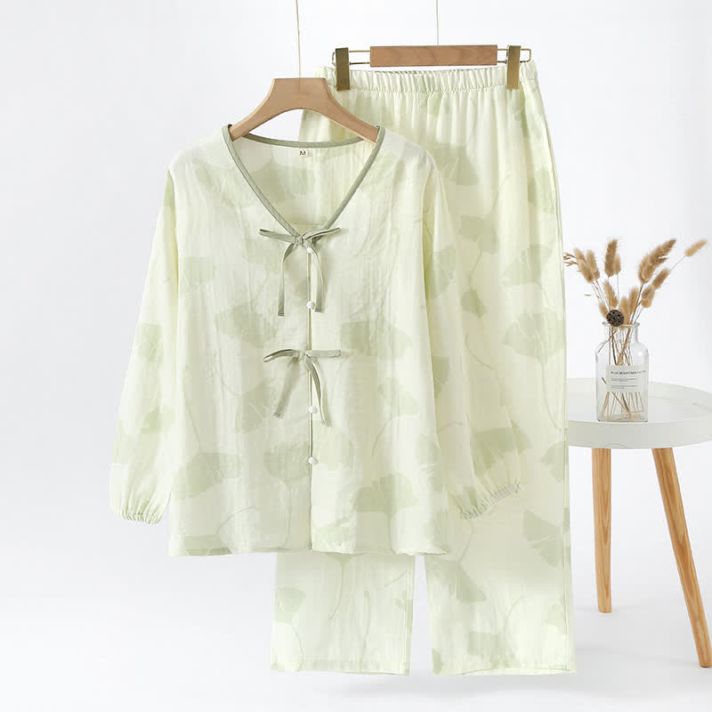 GinkgoCharm Cotton Loungewear Set – Soft, Elegant Indoor Comfort