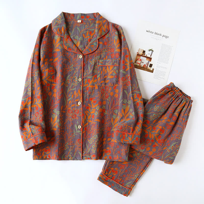LeafElegance Cotton Lapel Loungewear Set – Soft, Classic Comfort