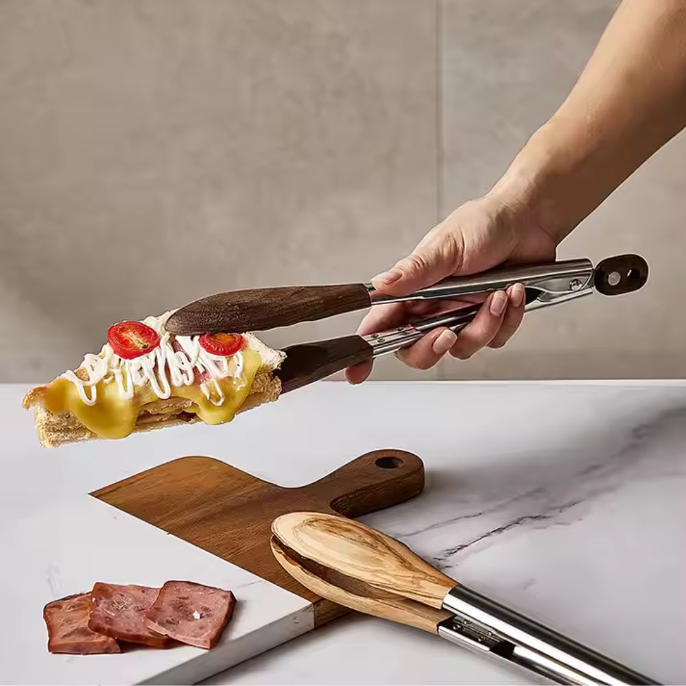 HeritageCraft Dual Wood & Steel Kitchen Tongs – Set of 2