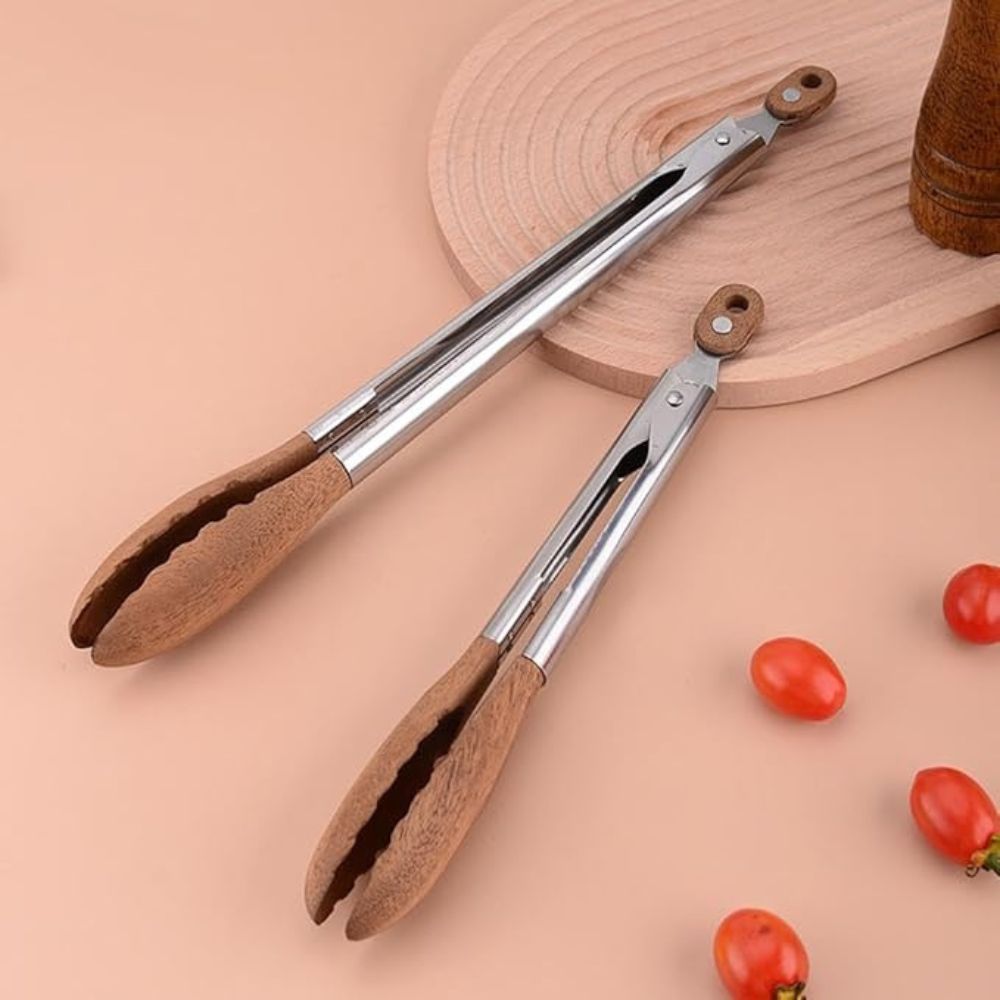 HeritageCraft Dual Wood & Steel Kitchen Tongs – Set of 2
