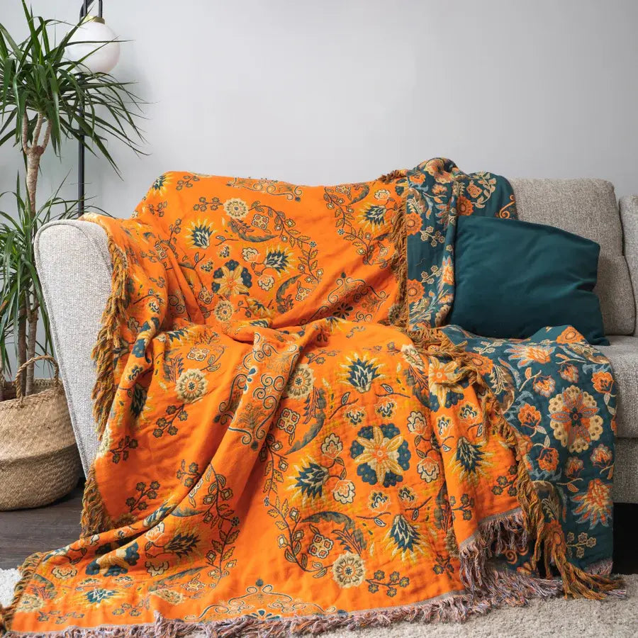 BohoBloom Reversible Cotton Throw Blanket – Chic Vintage Style for Any Space