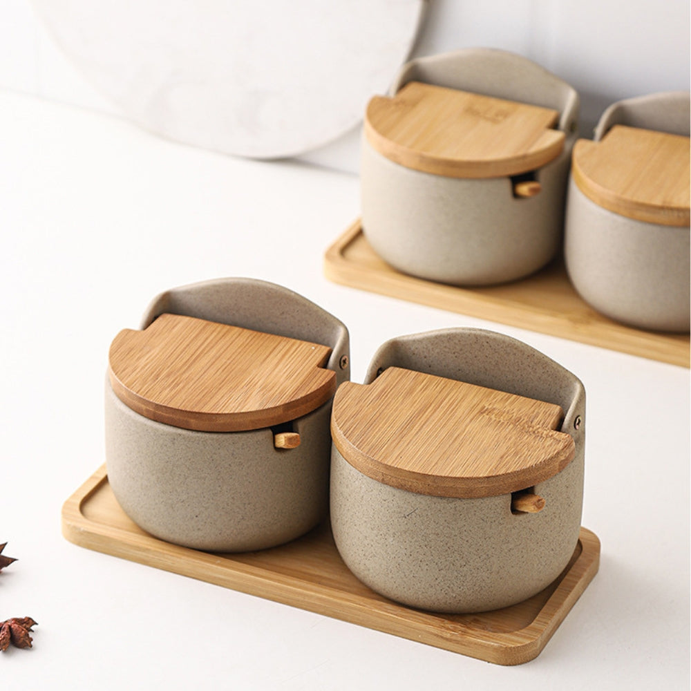 Bamboo Elegance Ceramic Spice Jar Set – 2-Piece Kitchen Organizer
