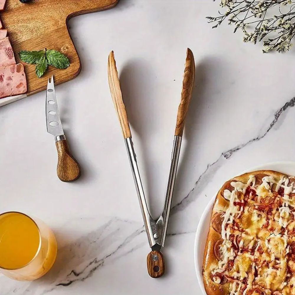 HeritageCraft Dual Wood & Steel Kitchen Tongs – Set of 2