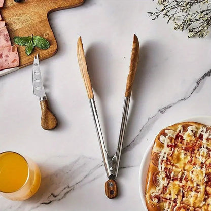 HeritageCraft Dual Wood & Steel Kitchen Tongs – Set of 2