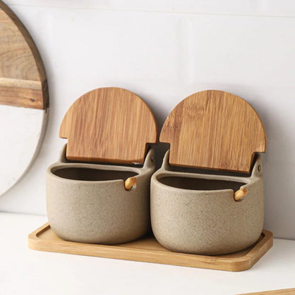 Bamboo Elegance Ceramic Spice Jar Set – 2-Piece Kitchen Organizer