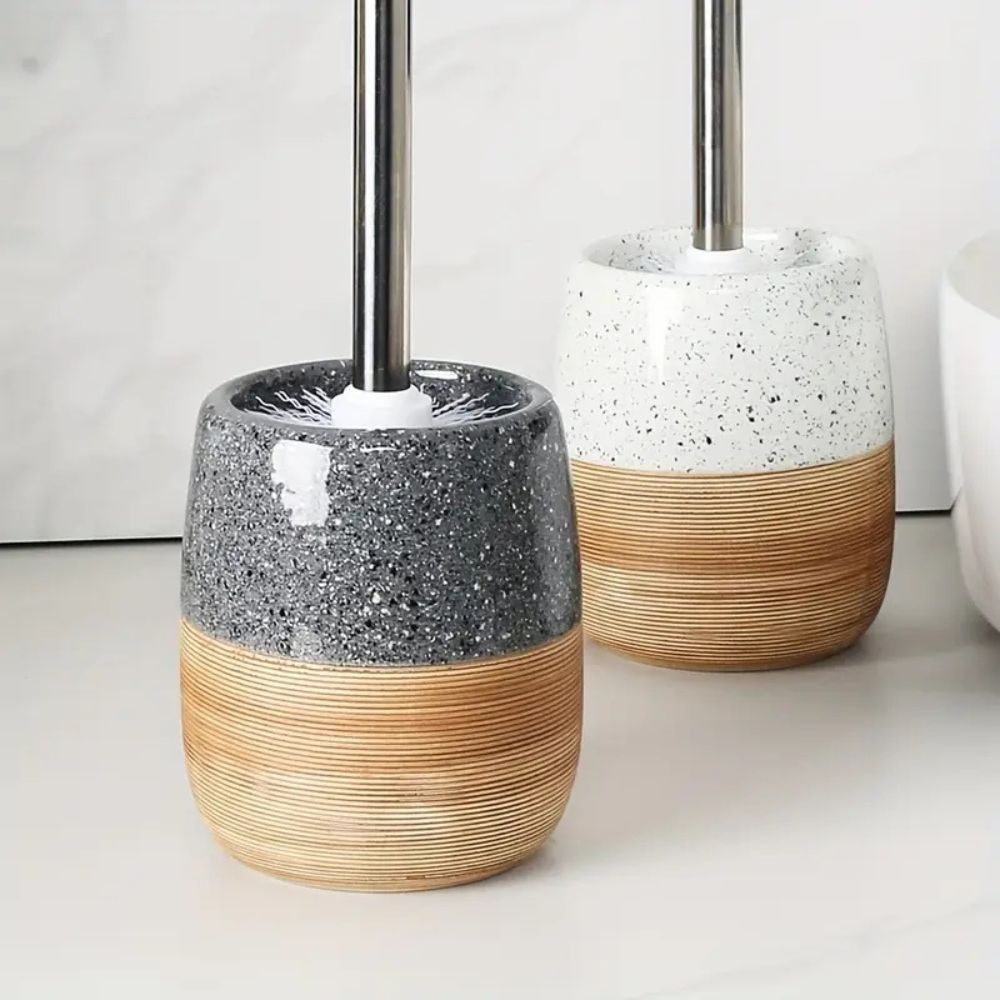 CeramiWood Elegant Toilet Brush & Holder Set – Natural Style Bathroom Essential