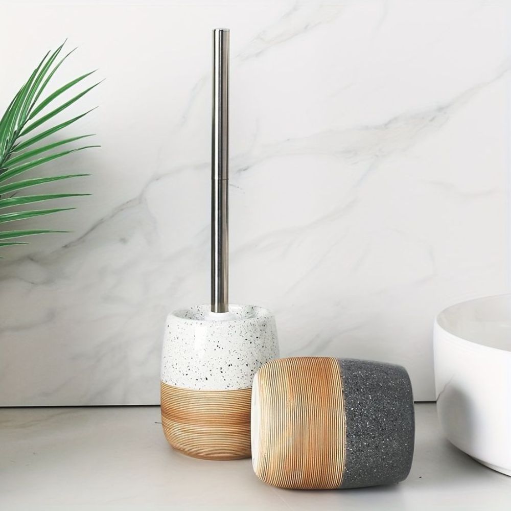 CeramiWood Elegant Toilet Brush & Holder Set – Natural Style Bathroom Essential