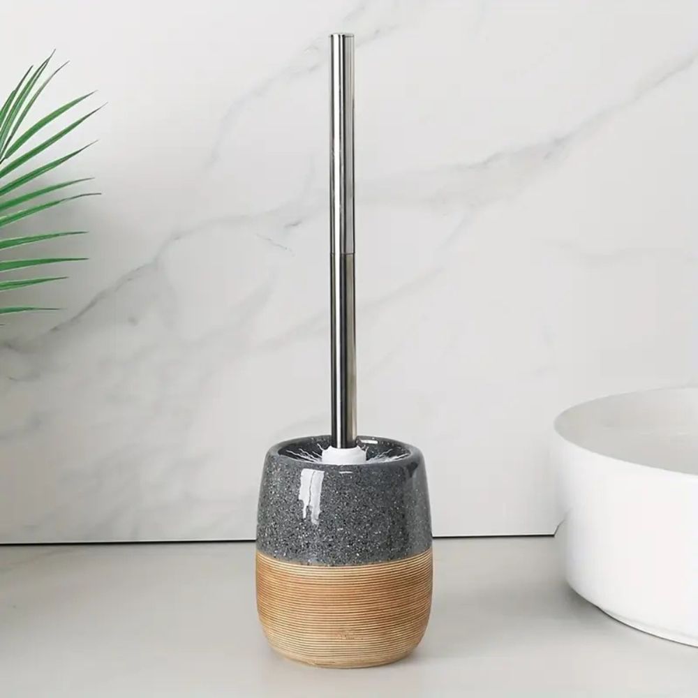 CeramiWood Elegant Toilet Brush & Holder Set – Natural Style Bathroom Essential