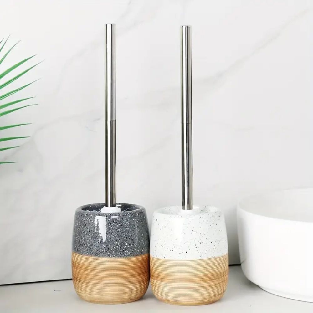 CeramiWood Elegant Toilet Brush & Holder Set – Natural Style Bathroom Essential