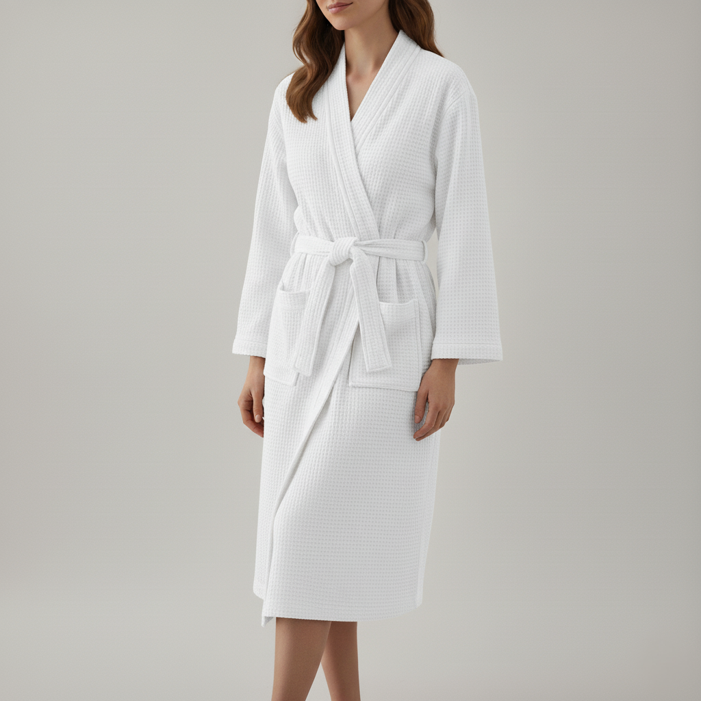Cotton Waffle V-Neck Bathrobe with Adjustable Waistband