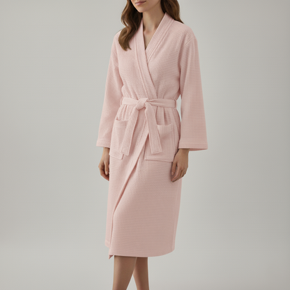 Cotton Waffle V-Neck Bathrobe with Adjustable Waistband