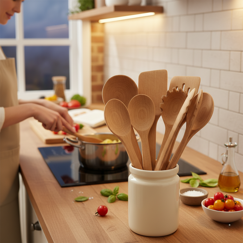 Velmor Wooden Cooking Utensil Set with 7 Kitchen Tools