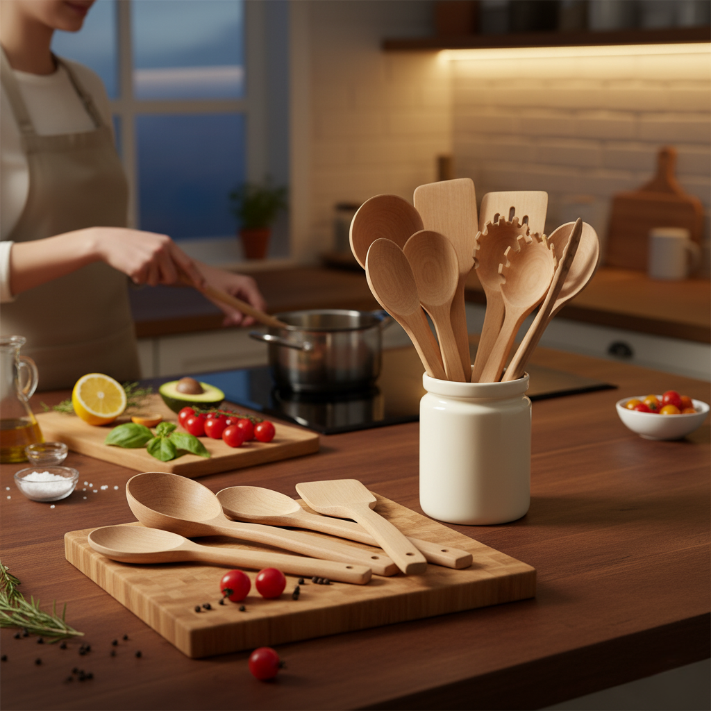 Velmor Wooden Cooking Utensil Set with 7 Kitchen Tools