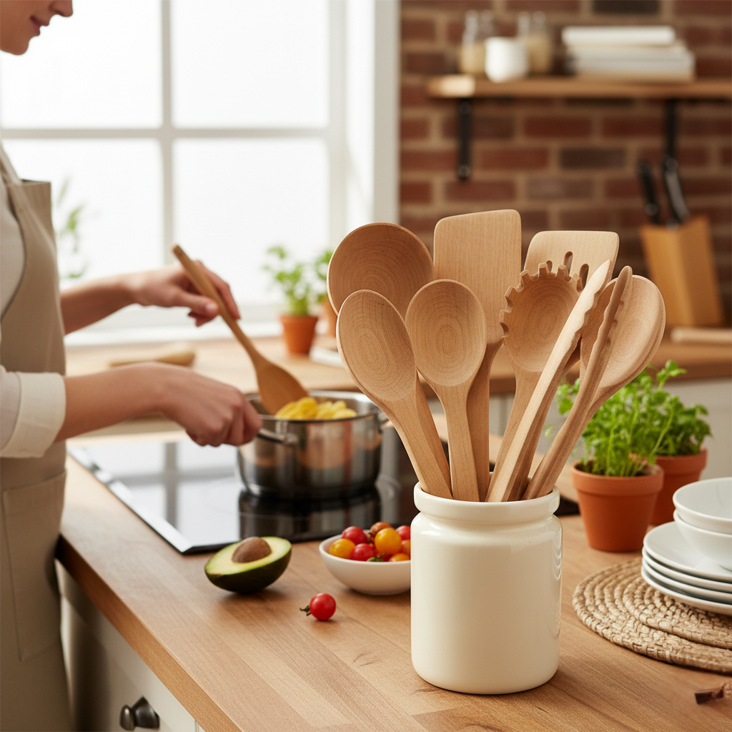 Velmor Wooden Cooking Utensil Set with 7 Kitchen Tools