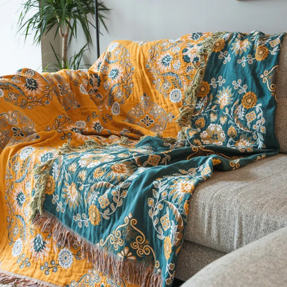 BohoBloom Reversible Cotton Throw Blanket – Chic Vintage Style for Any Space