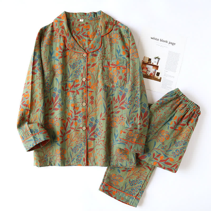LeafElegance Cotton Lapel Loungewear Set – Soft, Classic Comfort