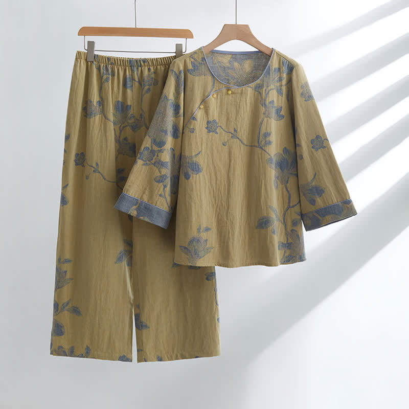 FloraEase Round-Neck Cotton Loungewear Set – Soft, Elegant Indoor Comfort