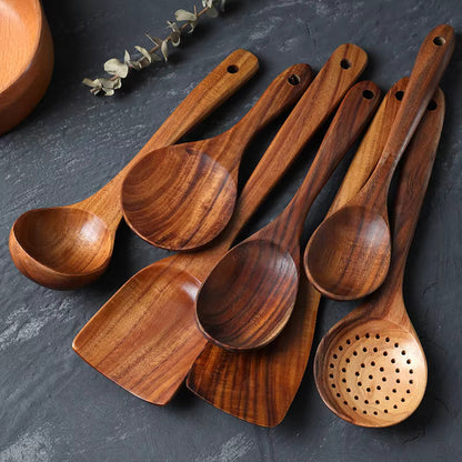 EcoCraft Teak Wooden Utensil Set – Elegant 7-Piece Kitchen Essentials for Sustainable Cooking