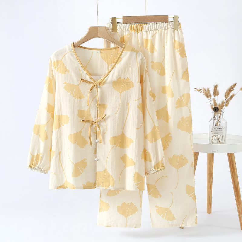 GinkgoCharm Cotton Loungewear Set – Soft, Elegant Indoor Comfort