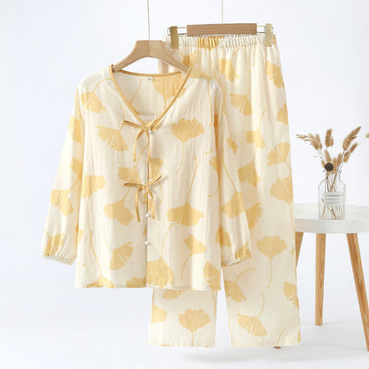 GinkgoCharm Cotton Loungewear Set – Soft, Elegant Indoor Comfort