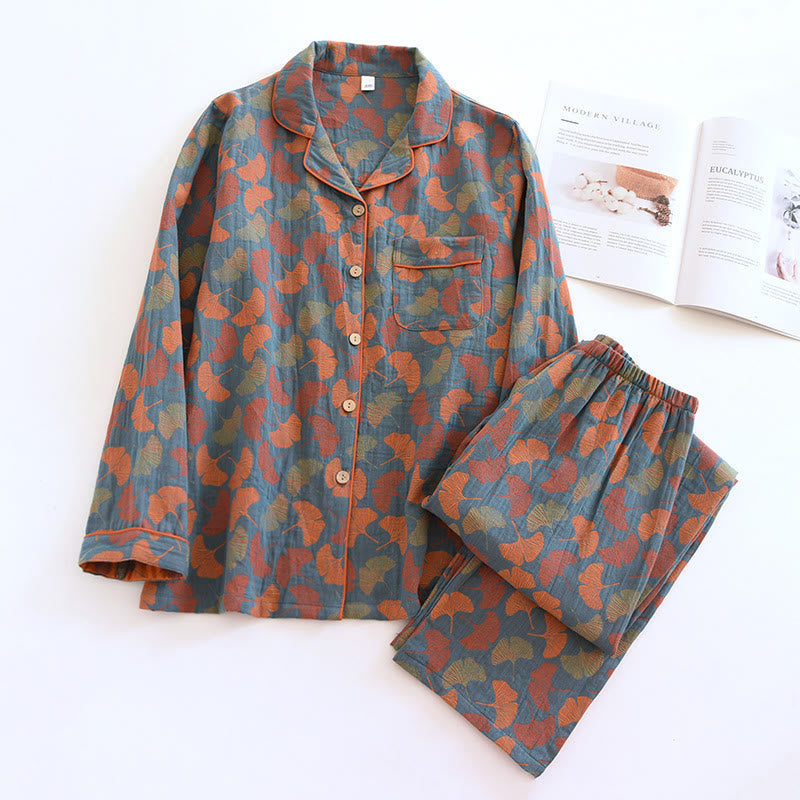GinkgoBloom Button Cotton Loungewear Set – Soft, Breathable Indoor Comfort