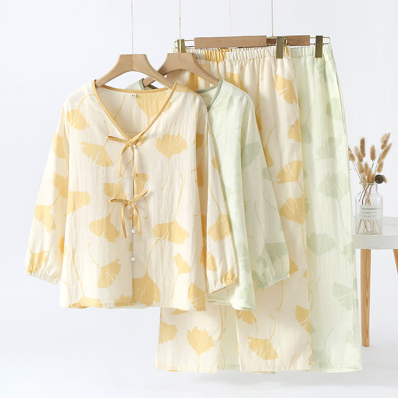 GinkgoCharm Cotton Loungewear Set – Soft, Elegant Indoor Comfort