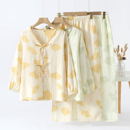 GinkgoCharm Cotton Loungewear Set – Soft, Elegant Indoor Comfort