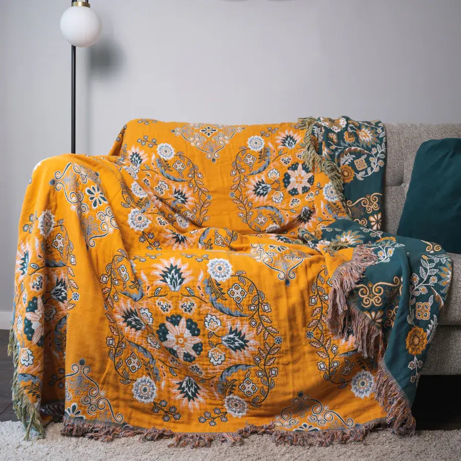 BohoBloom Reversible Cotton Throw Blanket – Chic Vintage Style for Any Space