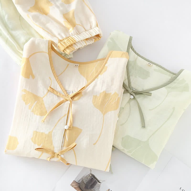 GinkgoCharm Cotton Loungewear Set – Soft, Elegant Indoor Comfort