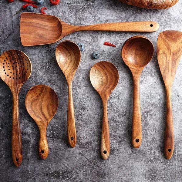 EcoCraft Teak Wooden Utensil Set – Elegant 7-Piece Kitchen Essentials for Sustainable Cooking