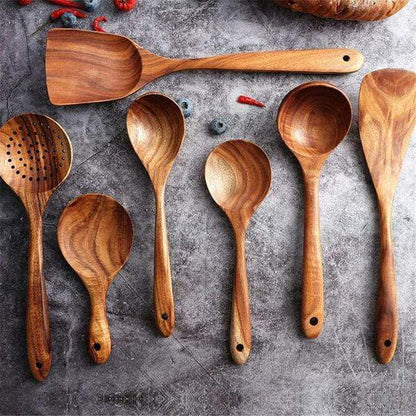 EcoCraft Teak Wooden Utensil Set – Elegant 7-Piece Kitchen Essentials for Sustainable Cooking